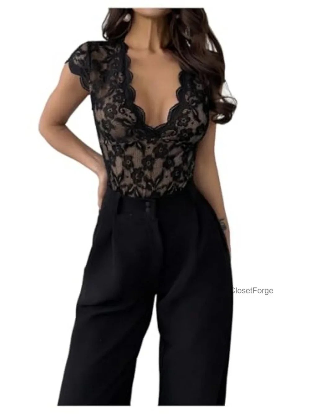 Lace Trim Backless Deep V Bodysuit Date Night Romper
